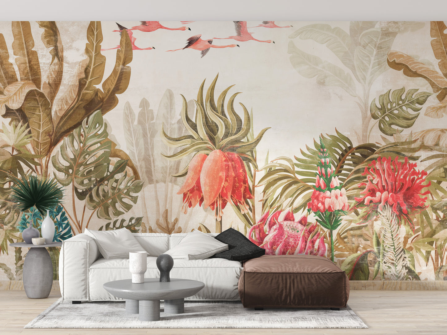 Vegetative Land wallpaper mural styled along a hallway feature wall near a console in a multicolour palette