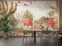 Vegetative Land wallpaper mural as a feature wall in a home office workspace in a multicolour palette