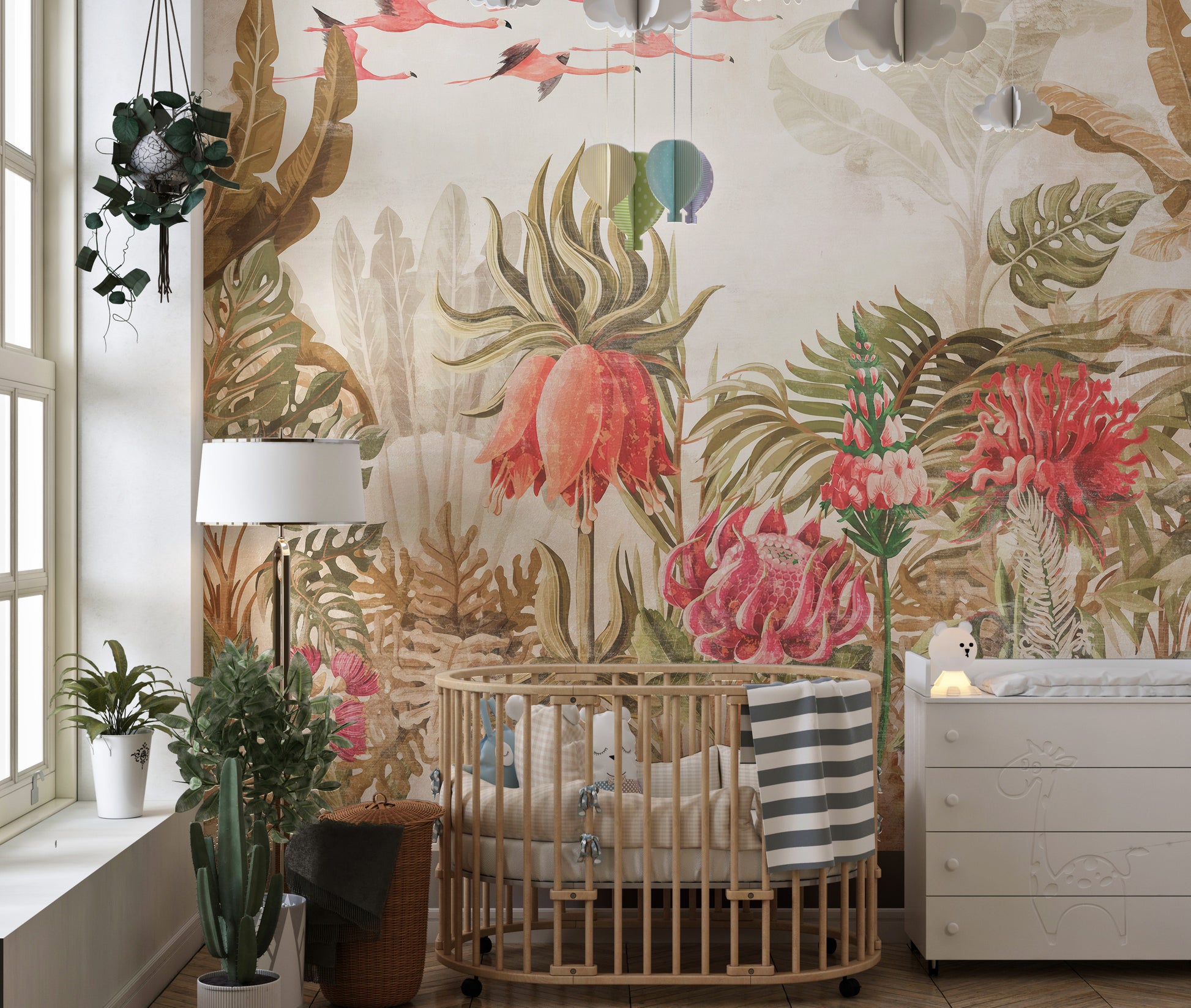 Vegetative Land wallpaper mural styled as a feature wall behind a dining table and chairs in a multicolour palette