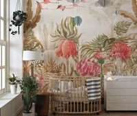 Vegetative Land wallpaper mural styled as a feature wall behind a dining table and chairs in a multicolour palette