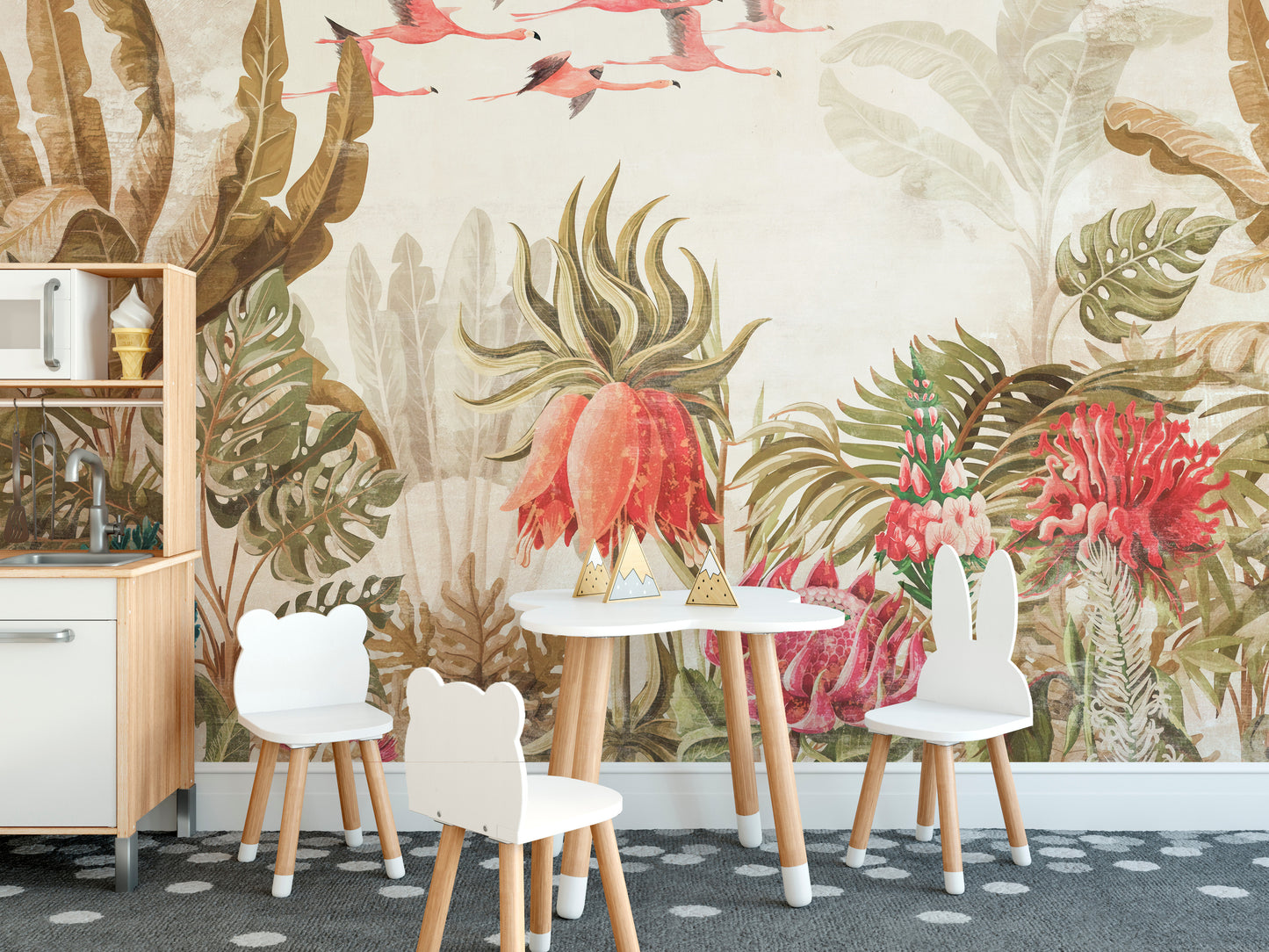 Vegetative Land wallpaper mural as a bedroom feature wall behind the headboard in a multicolour palette