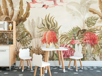 Vegetative Land wallpaper mural as a bedroom feature wall behind the headboard in a multicolour palette