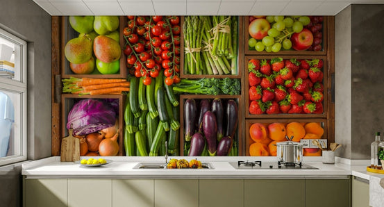 Veggie Patch Pantry wall mural of fresh vegetables and fruit in wooden crates as a backsplash behind a kitchen counter