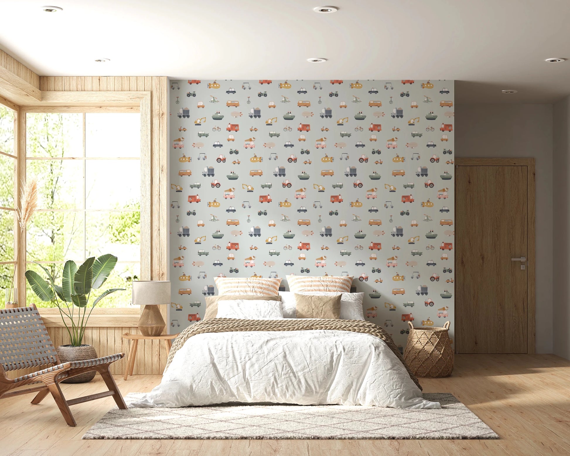 Vehicles in blue background wallpaper behind a rattan-trimmed bed in a rustic wood-framed bedroom