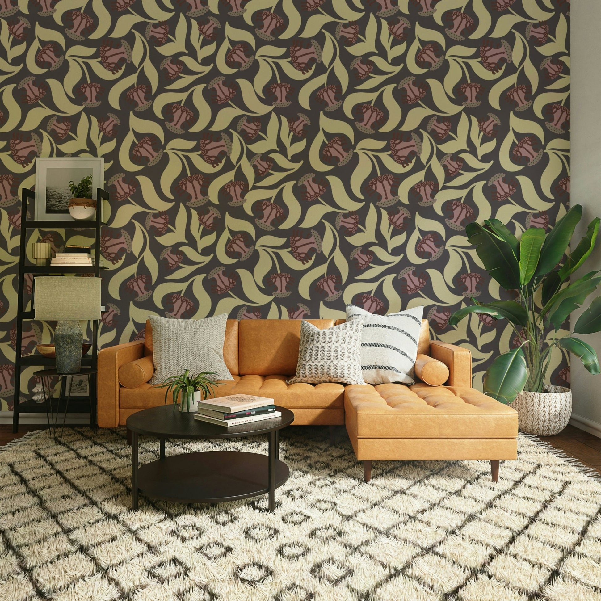 Features abstract representations of blooming flowers or botanical forms.
