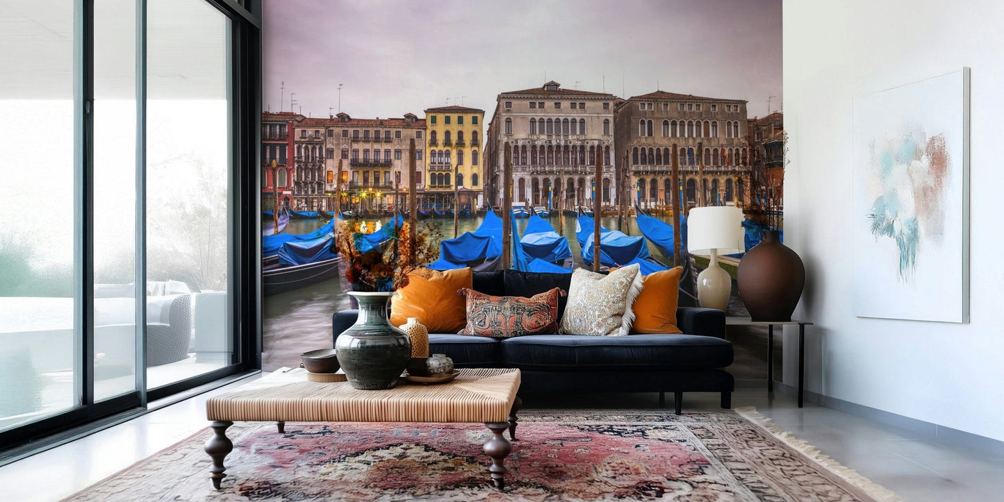 Wall mural, historic Venetian architecture, blue covered gondolas.
