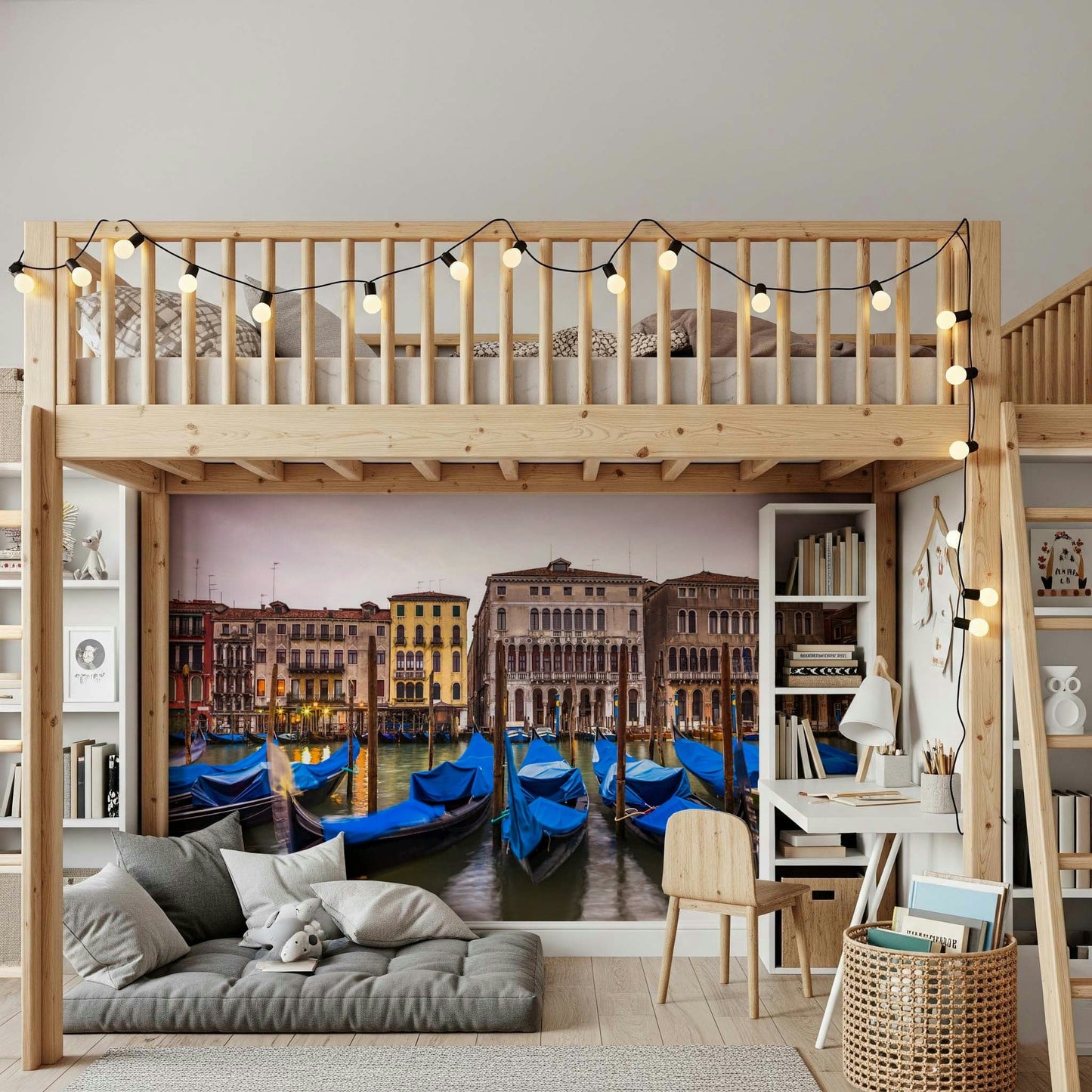 Cobalt wall mural serene Venice lagoon historical architecture wallpaper for walls.