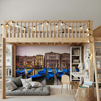 Cobalt wall mural serene Venice lagoon historical architecture wallpaper for walls.