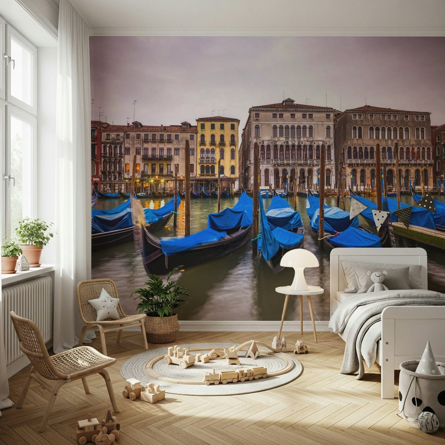 Wall mural capture of Venice, serene canal moment, vibrant blues.