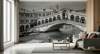 Venetian Bridge Serenity wallpaper mural of the Rialto Bridge in a bright living room with grey sofa and large windows