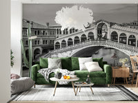 Venetian Bridge Serenity wallpaper mural of the grey Rialto Bridge behind a green velvet sofa with tall cactus