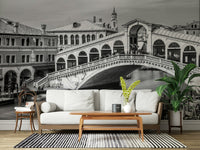 Venetian Bridge Serenity wallpaper mural of the grey Rialto Bridge behind a white sofa with striped rug and plant
