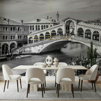 Venetian Bridge Serenity wallpaper mural of the Rialto Bridge in a dining room with cream chairs and wood table