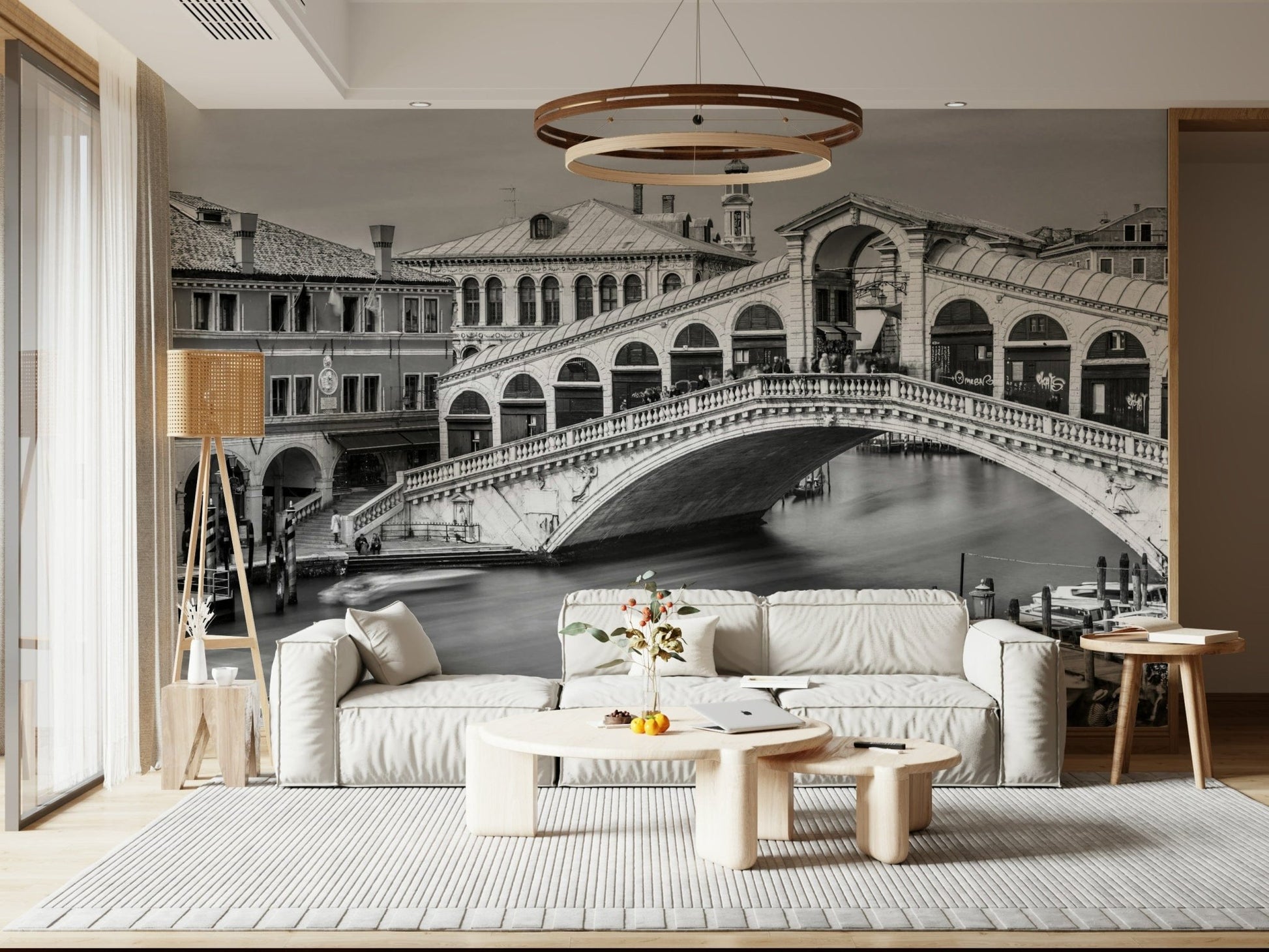 Venetian Bridge Serenity wallpaper mural of Venice's Rialto Bridge in a living room with low cream sofa and round pendant