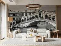Venetian Bridge Serenity wallpaper mural of Venice's Rialto Bridge in a living room with low cream sofa and round pendant