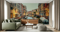 Rustic homes lining a quiet canal, buy Venetian Canal Dreams wall covering.