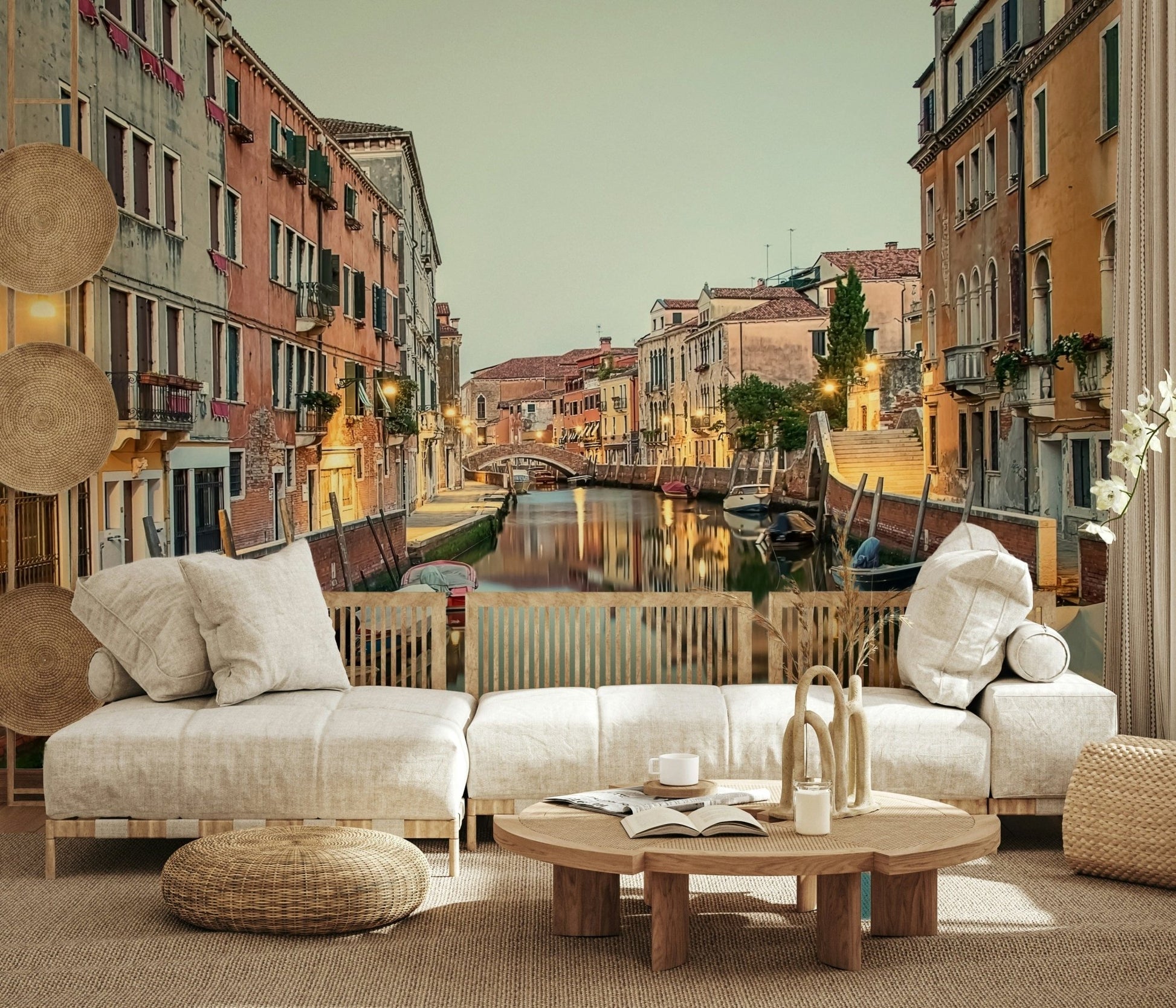 Cozy boat scene, night glow, Venetian Canal Dreams wall mural for home.