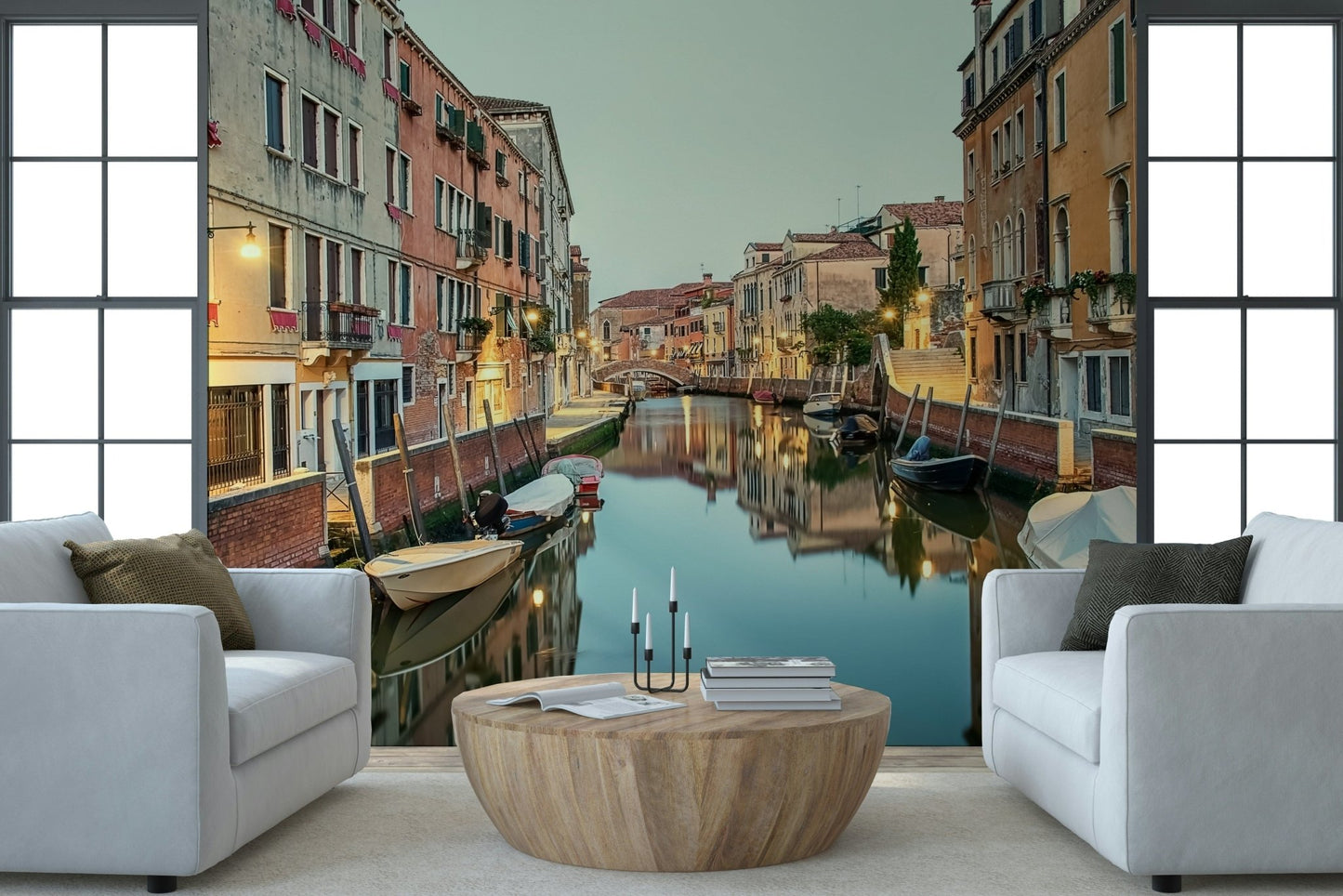 Scenic water landscape, ancient brickwork, Venetian Canal Dreams wallpaper.