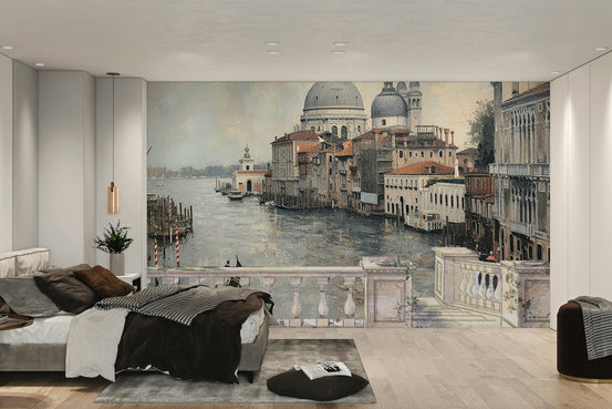 Venetian Canal View wallpaper mural of the Grand Canal and domed church over a grey bed with brown throw