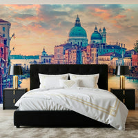 Venetian Dreamscape Wall Mural behind sofa, home styling