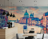 Venetian canal mural in living space, calm modern colour tones