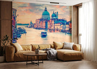 Venetian scene mural in home office, clean styling backdrop