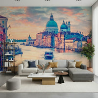 Venetian canal mural in hallway, modern home styling in colour