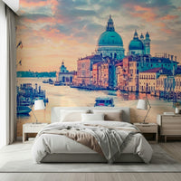 Venice mural in living space, modern feature wall backdrop