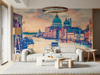 Venetian mural behind bed, modern bedroom styling in soft colours