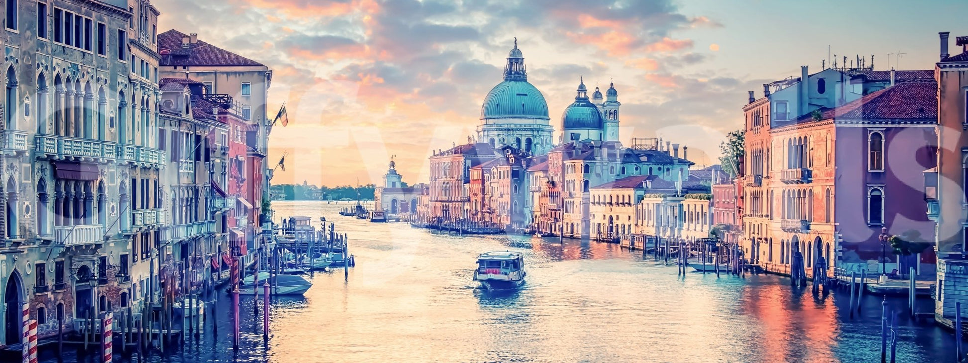 Minimal lounge with Venetian mural, soft colour city view