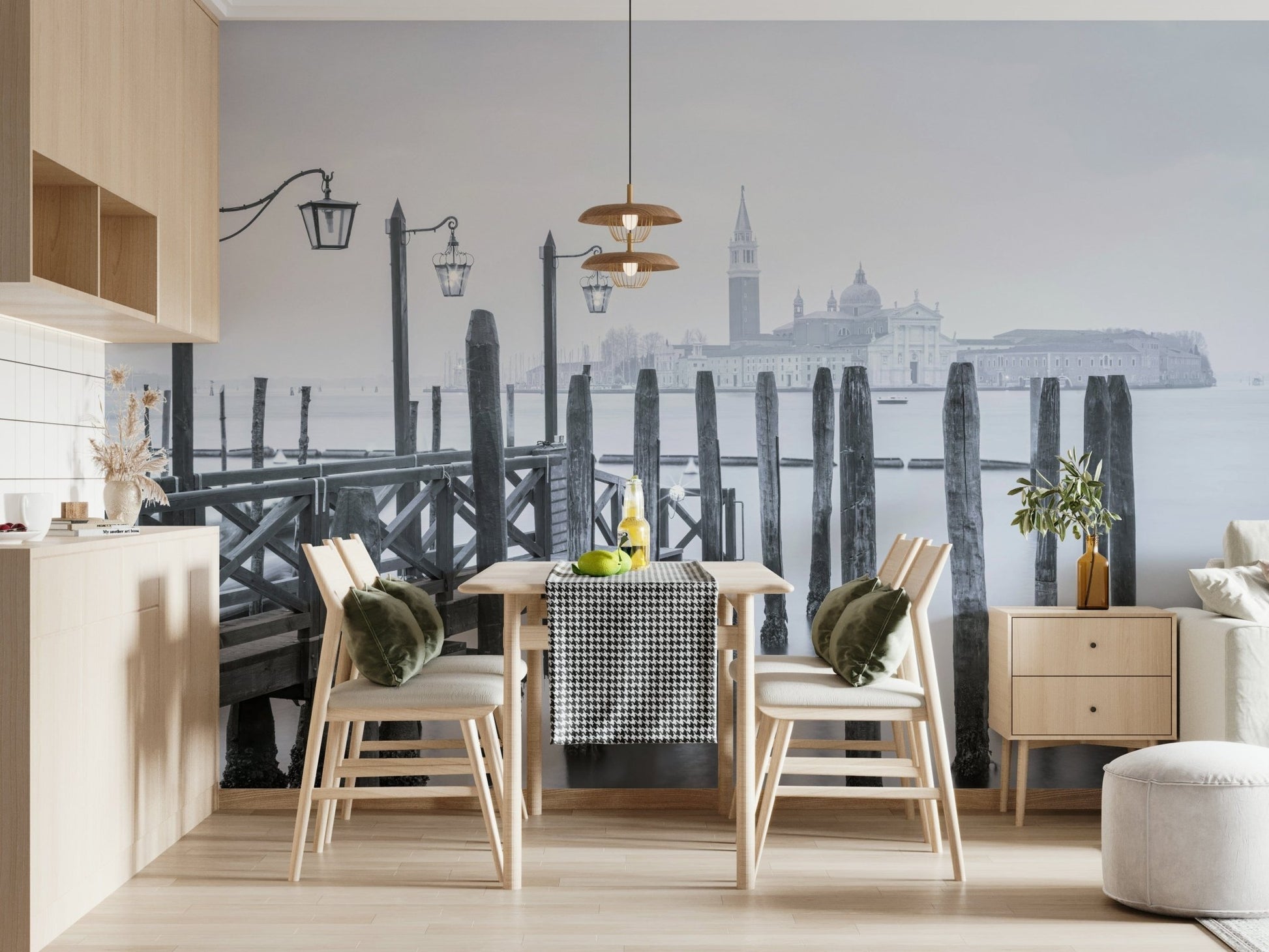 Venetian Stillness photo, tall pilings, tower landmark, elegant surface.