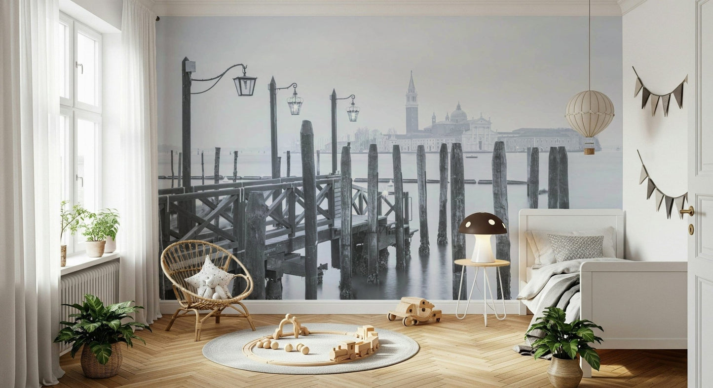 Venetian Stillness product, moody photo art, iconic architecture background.