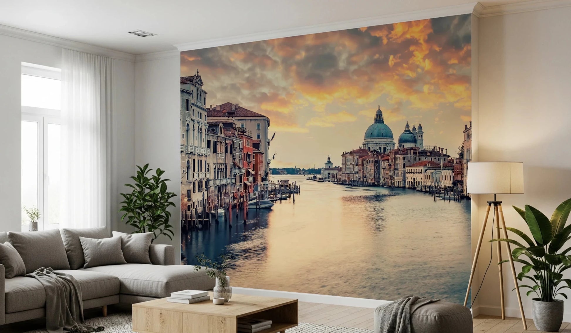 Venetian Twilight wallpaper mural of the Grand Canal at dusk beside a grey sectional sofa and tripod lamp