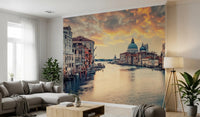Venetian Twilight wallpaper mural of the Grand Canal at dusk beside a grey sectional sofa and tripod lamp