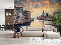 Venetian Twilight wallpaper mural of Venice at sunset behind a beige sectional sofa near a wood-slat wall