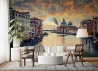 Venetian Twilight wallpaper mural of Venice and its domed basilica behind a cream sofa and dome pendant light