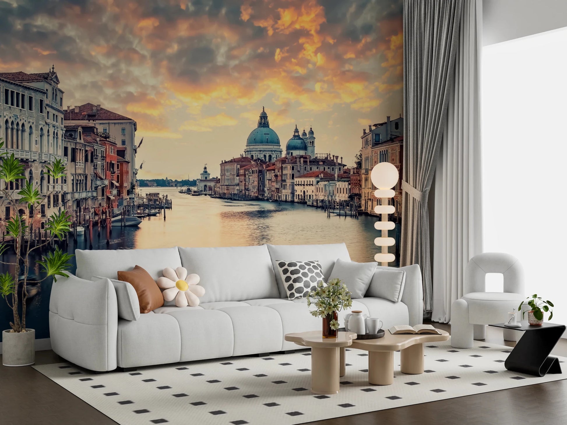 Venetian Twilight wallpaper mural of the Grand Canal at sunset behind a white sofa with a daisy cushion