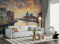 Venetian Twilight wallpaper mural of the Grand Canal at sunset behind a white sofa with a daisy cushion