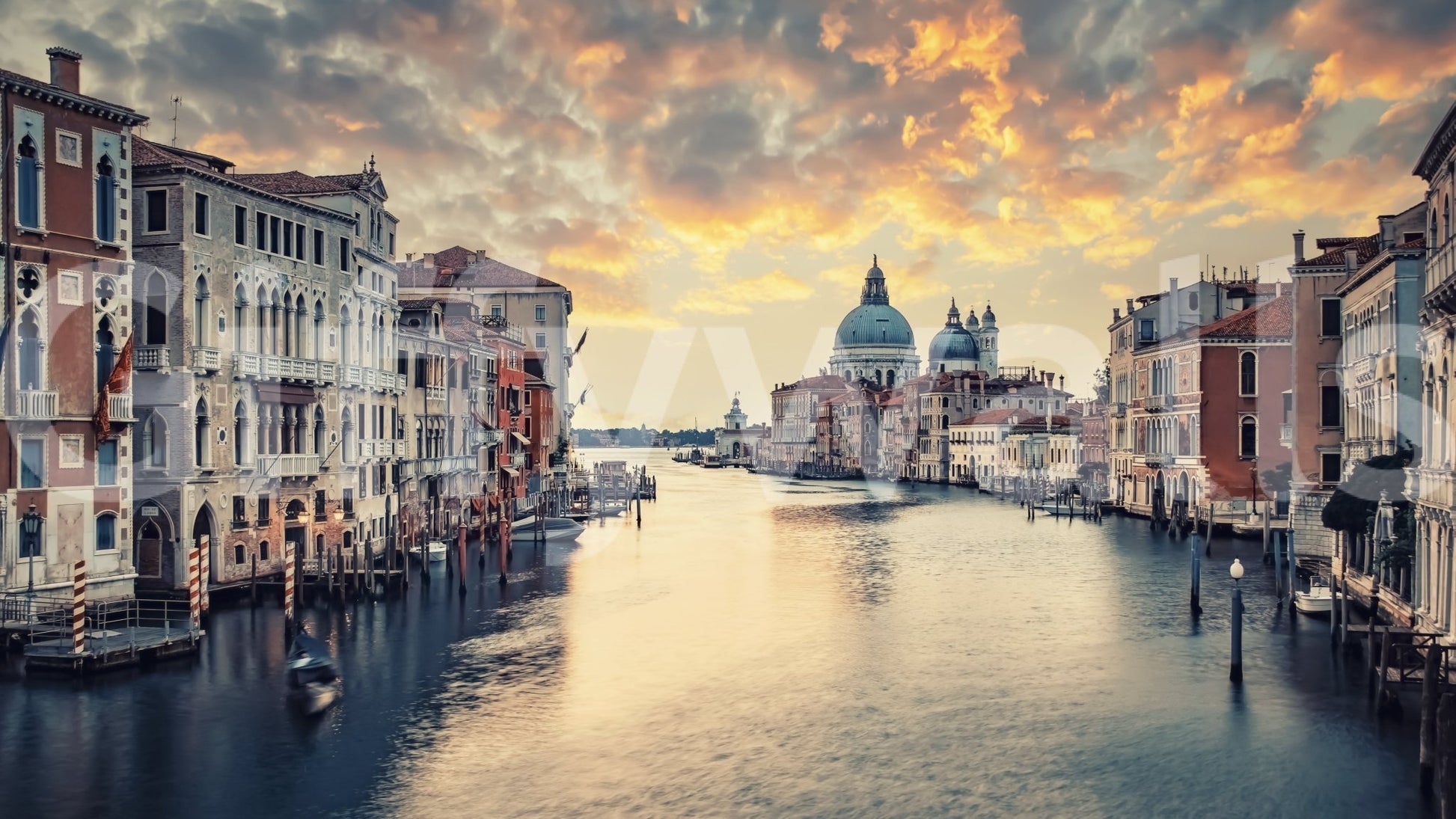 Venetian Twilight wallpaper mural showing the Venice Grand Canal and domed basilica under an orange sunset