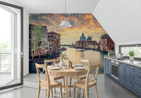 Venetian Twilight wallpaper mural of Venice at sunset in a kitchen diner with a pine table and blue cabinets
