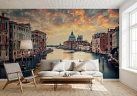 Venetian Twilight wallpaper mural of Venice at dusk behind a white sofa and hairpin-leg coffee table