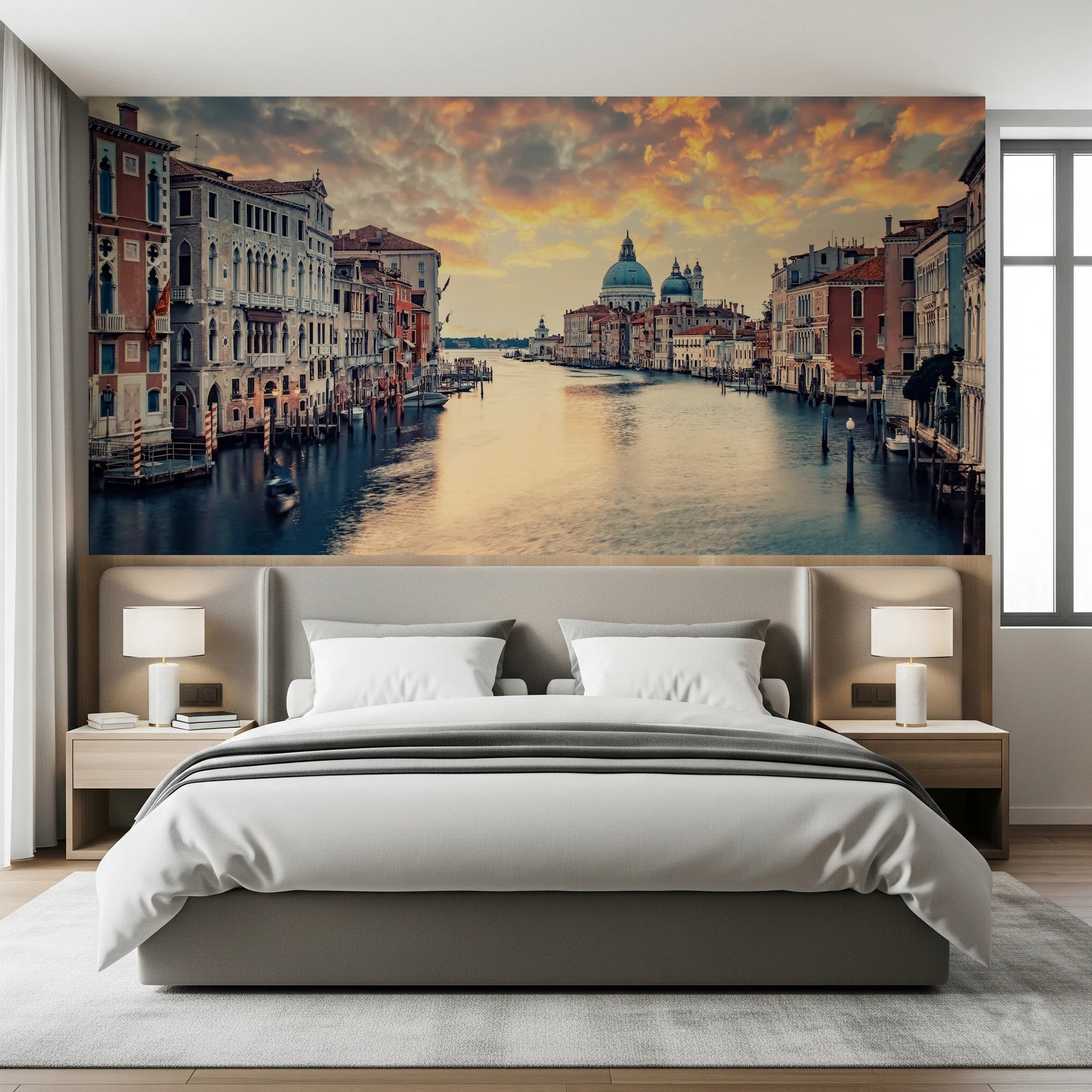 Venetian Twilight wallpaper mural of the Venice Grand Canal at sunset above a grey bed with white bedding