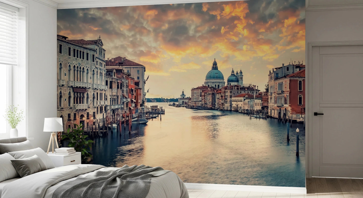 Venetian Twilight wallpaper mural of the Venice canal and basilica above a white bed in a bright bedroom