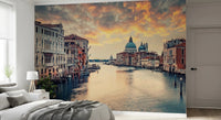 Venetian Twilight wallpaper mural of the Venice canal and basilica above a white bed in a bright bedroom