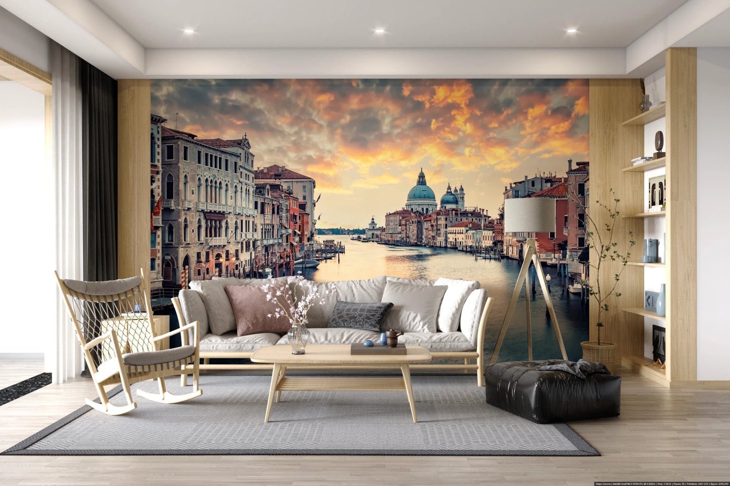 Venetian Twilight wallpaper mural of the canal and basilica above a cream sofa and rocking chair in a den