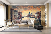 Venetian Twilight wallpaper mural of the canal and basilica above a cream sofa and rocking chair in a den