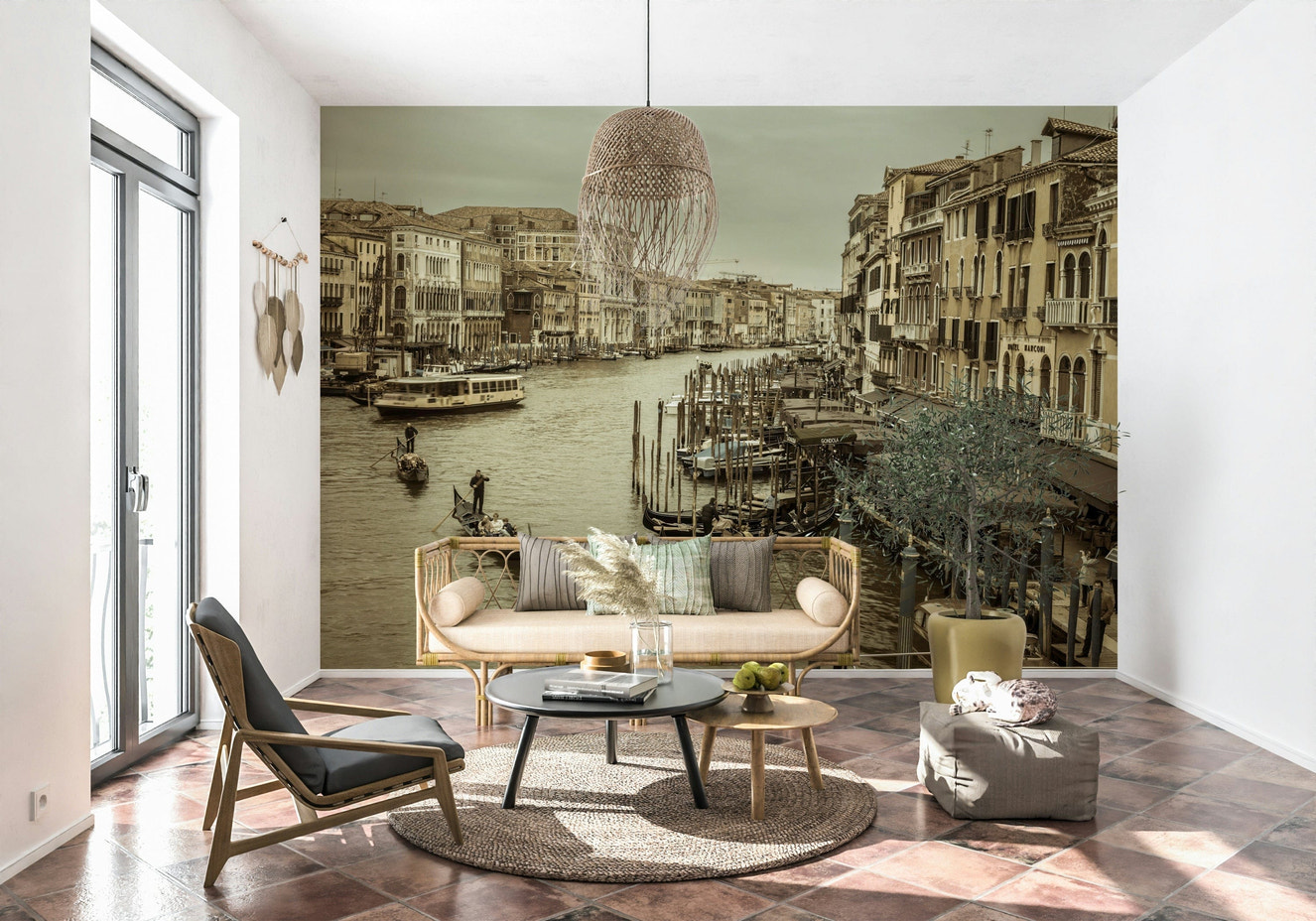 Vintage Historic Grand Canal view, iconic gondolas and water taxis wallpaper.