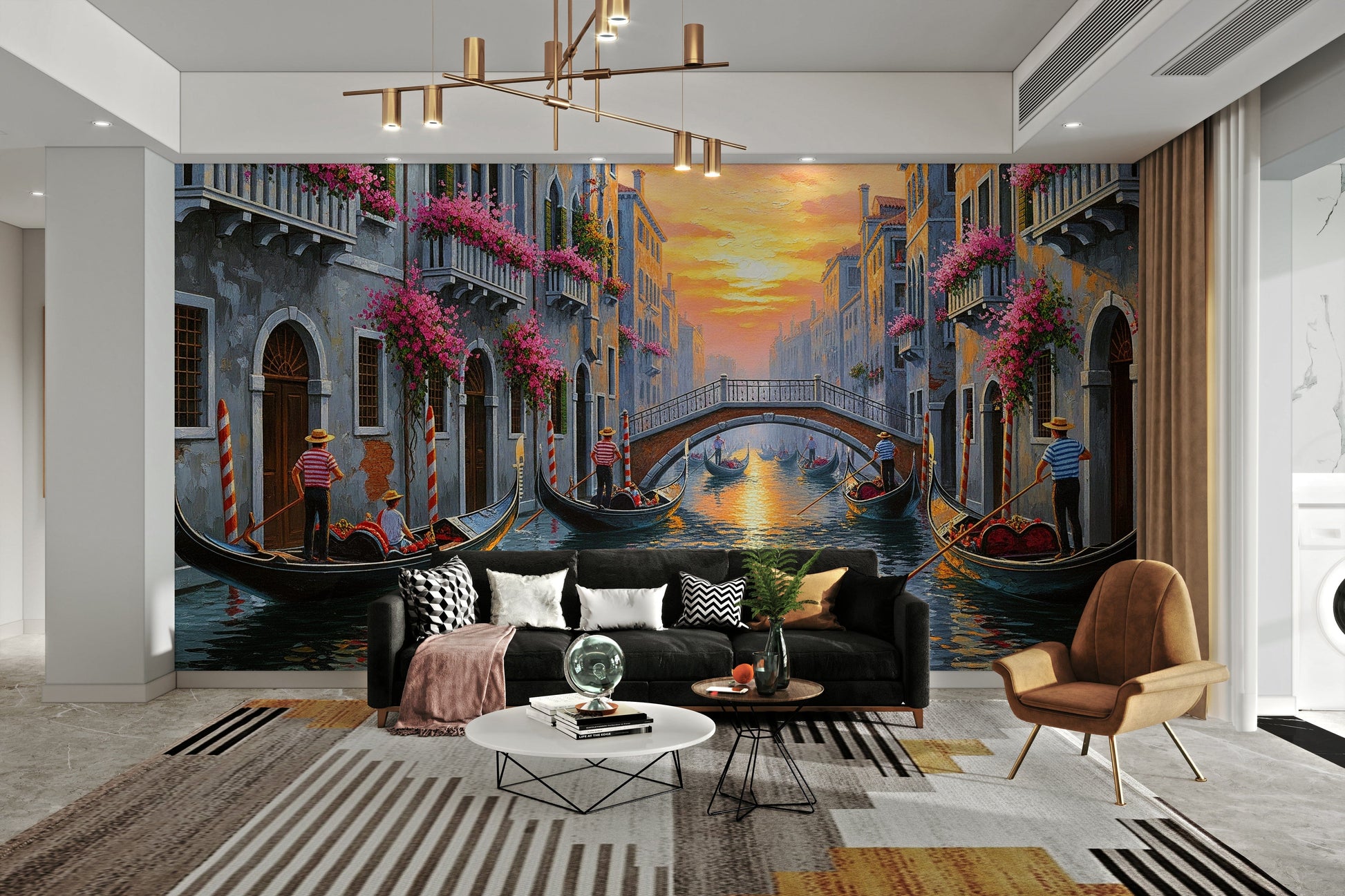 Scenic wallpaper with gondolas on the water

