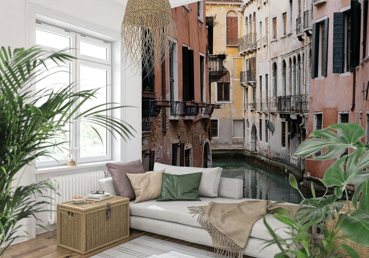 Wall mural with a panoramic view of Venice canals, bridges, and traditional buildings.