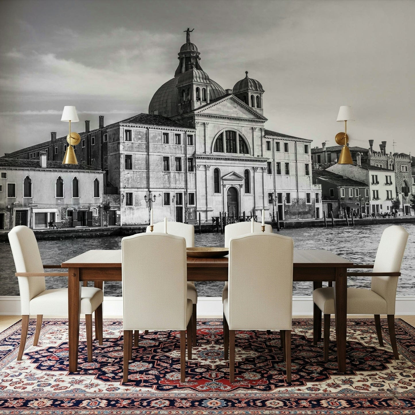 Venice Cityscape wallpaper mural of a black and white domed church across the water above a dining table and ornate rug